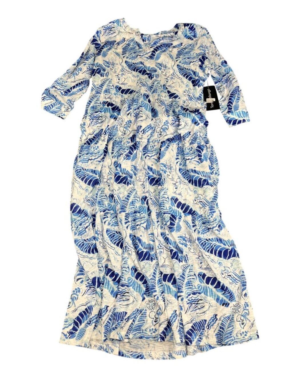 Tango Mango Blue & White Floral-Print Long Dress With 3/4 Sleeves Size XL NWT